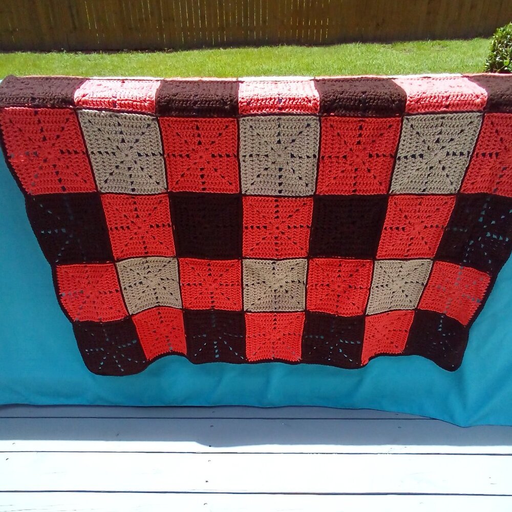 Handed Crafted Square Dance Blanket, Color orange, tan, brown, Size 50 " x 50".